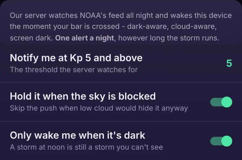 Heliocast alert settings: notify me at Kp 5 and above, hold it when the sky is blocked, only wake me when it is dark.