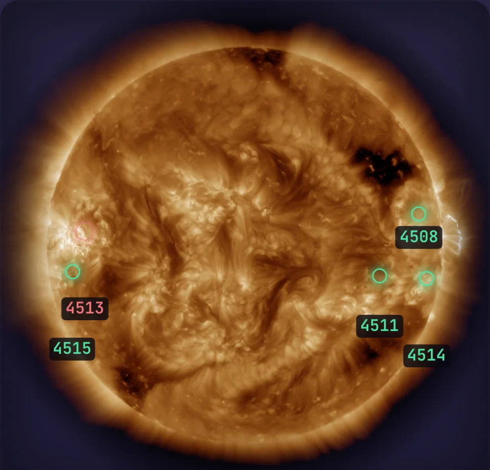 NASA SDO extreme-ultraviolet image of the Sun in Heliocast, with numbered active regions circled and labelled