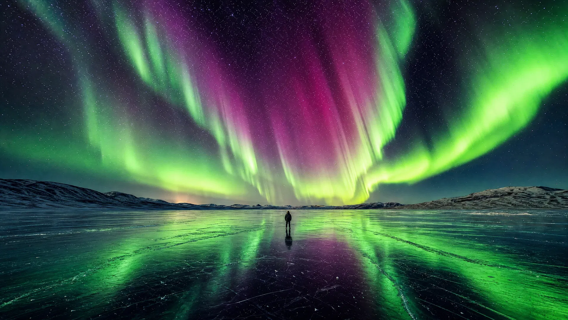 The aurora borealis over a snow-covered northern landscape reflected in still water
