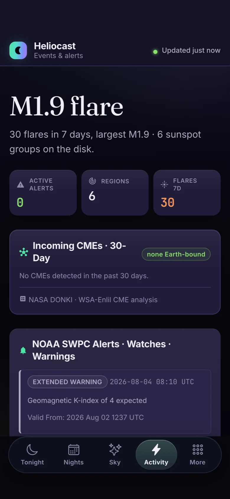 Heliocast Activity screen listing incoming Earth-directed coronal mass ejections with predicted arrival times and expected Kp