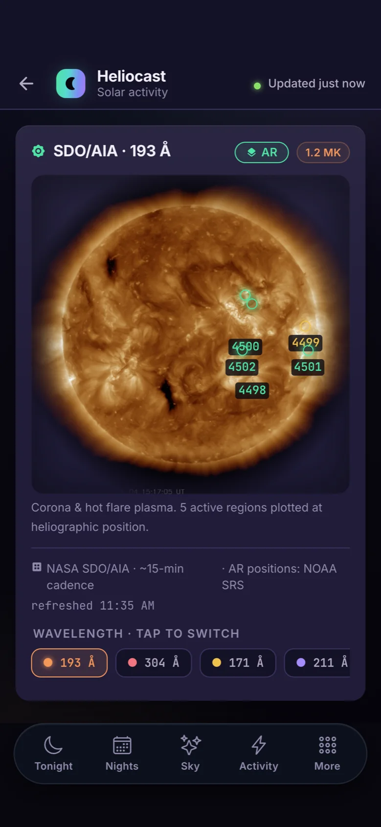 Heliocast solar activity screen showing the NASA SDO/AIA 193 angstrom solar disk with numbered active regions plotted at their heliographic positions